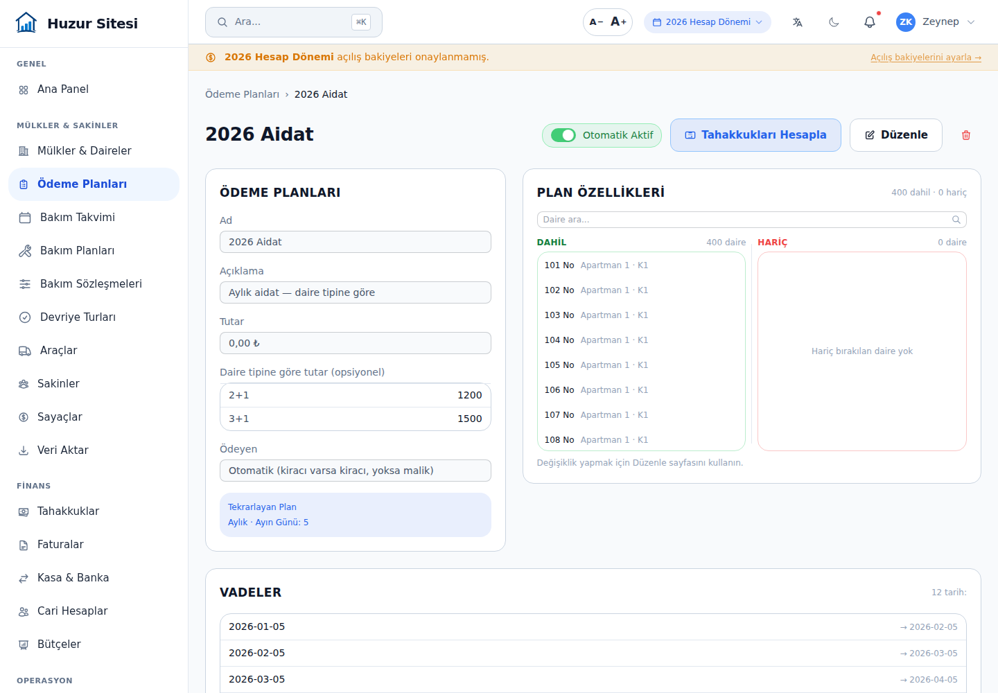 Plan detay ekranı — tip tutarları ve dahil daireler