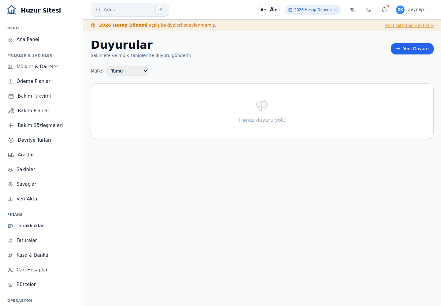 Duyurular ekranı, henüz duyuru yok