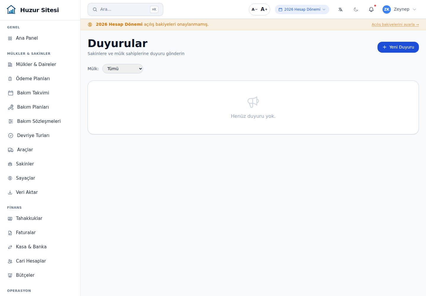 Yeni duyuru formu — kategori Bakım, hedef Herkes