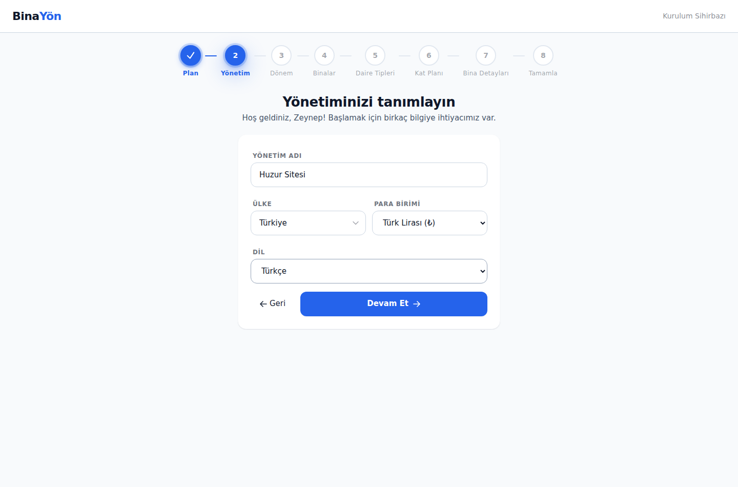 Site adı, ülke ve para birimi girilen yönetim adımı