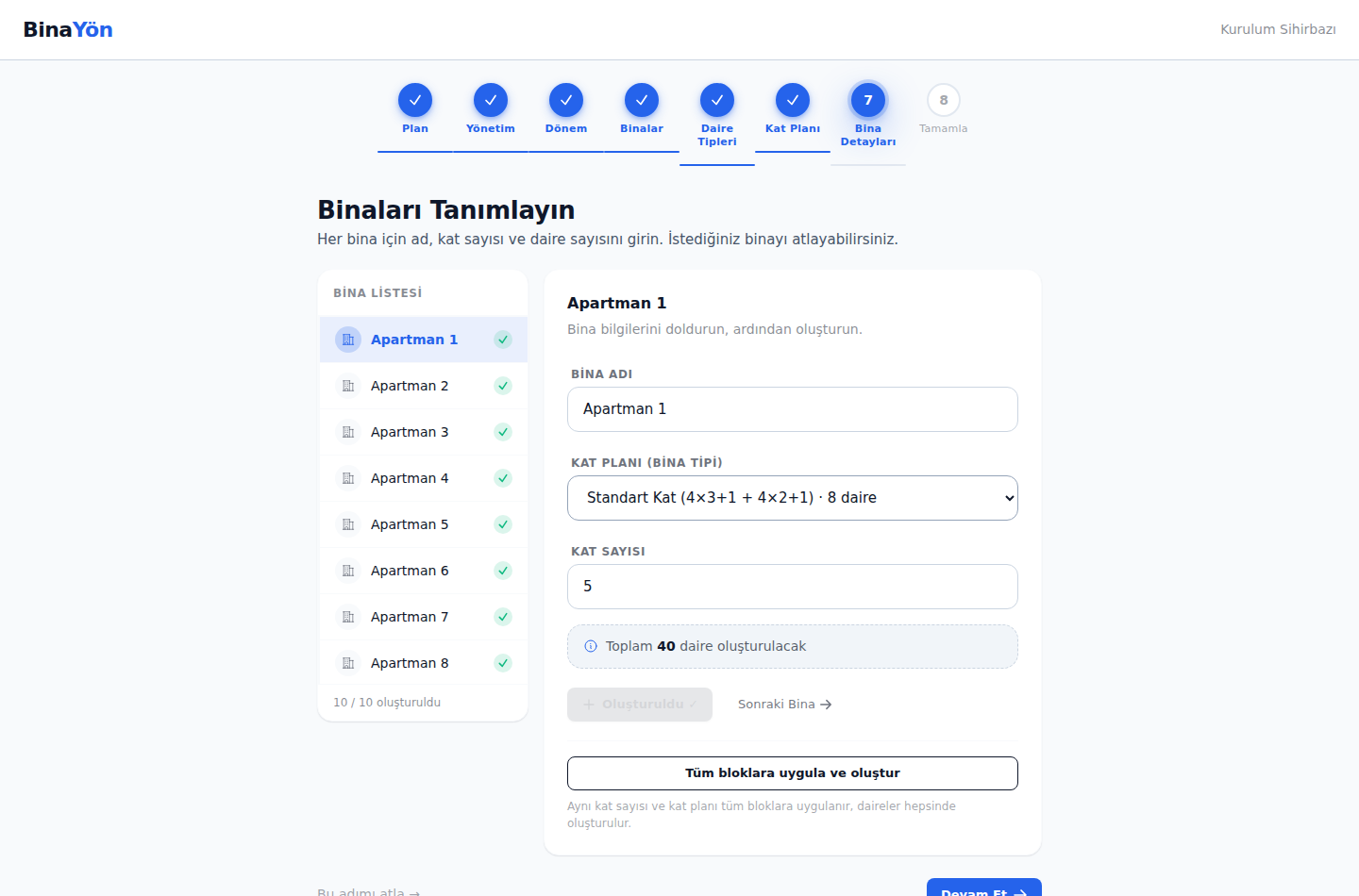 Bina detayları adımı — 10/10 blok oluşturuldu