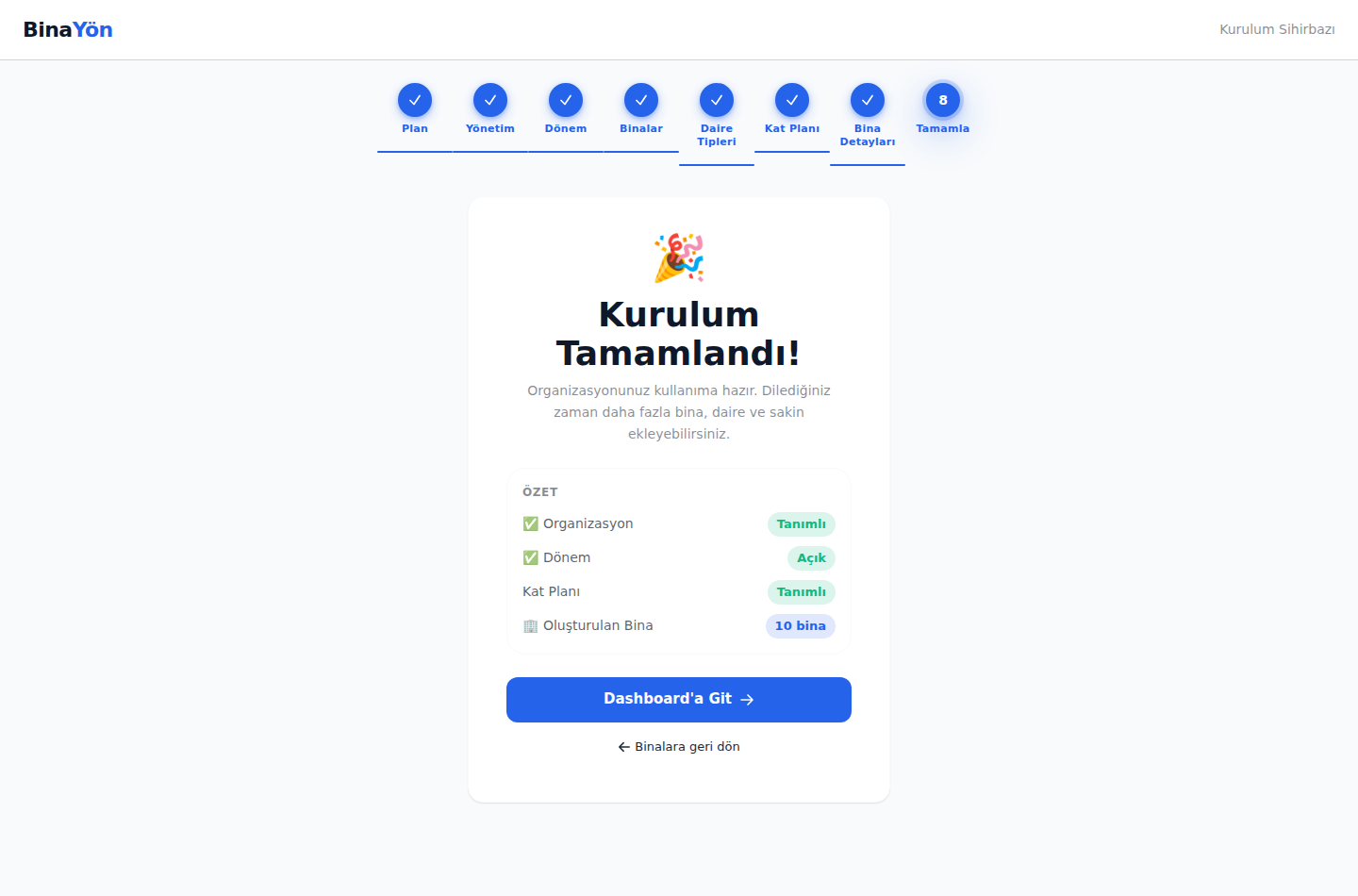 Kurulum tamamlandı özet ekranı
