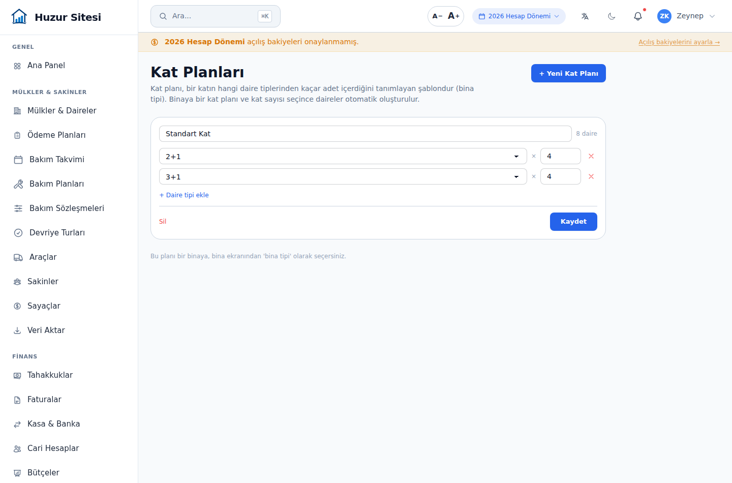 Kat Planları ekranı — Standart Kat şablonu