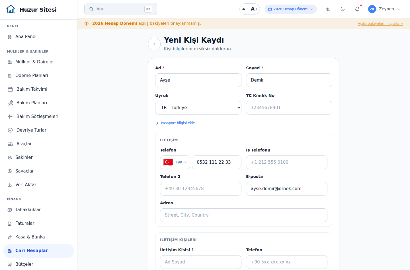 Yeni kişi formu — ad, soyad, telefon, e-posta