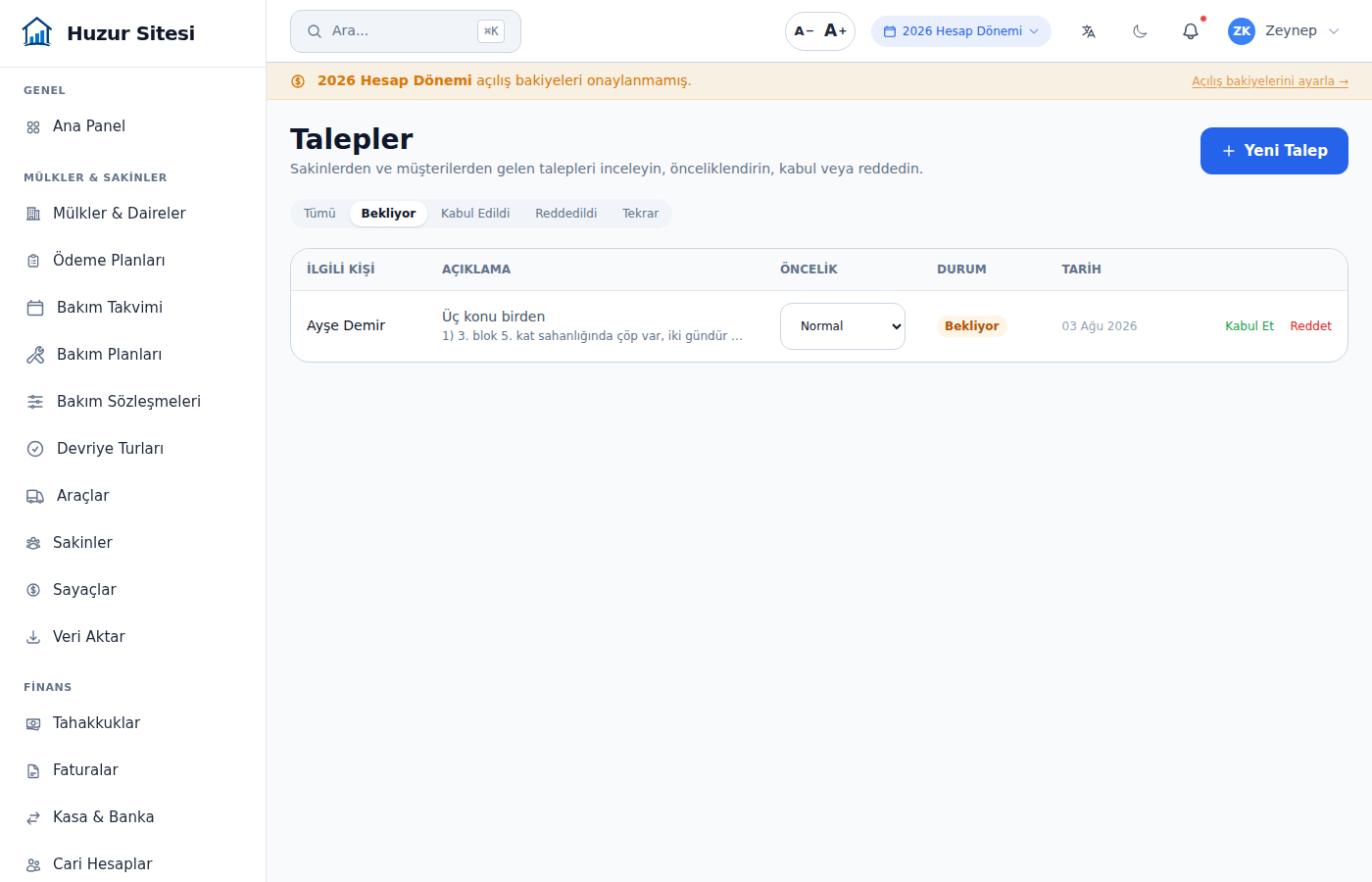 Talepler ekranında bekleyen bir talep